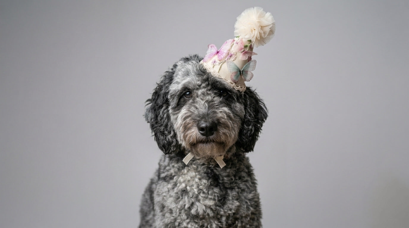 Dog wearing a decorative hat with flowers on a gray background brand name Ivy and Hal
